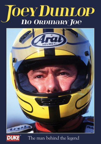 Joey Dunlop's face inside a yellow and black motorcycle helmet, DVD cover.
