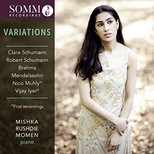 CD cover featuring pianist Mishka Rushdie Momen in a patterned dress.