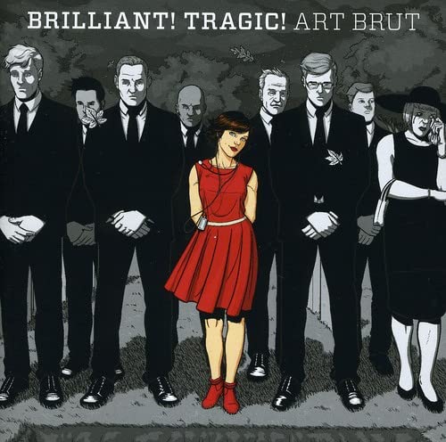 CD cover: group portrait of people in black and white with one in red.