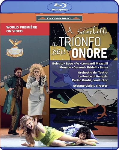 Blu-ray cover for Scarlatti’s “Il Trionfo Dell’Onore” opera, stage scene depicted.