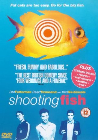 DVD cover for "Shooting Fish" featuring a large orange fish and three faces.