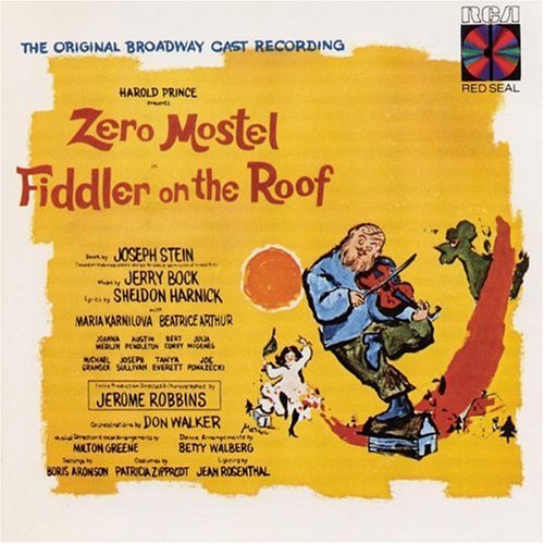 “Fiddler on the Roof” CD cover: man playing violin, yellow and red background.