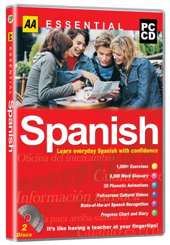 Red DVD case for “Essential Spanish” featuring people at an outdoor cafe.