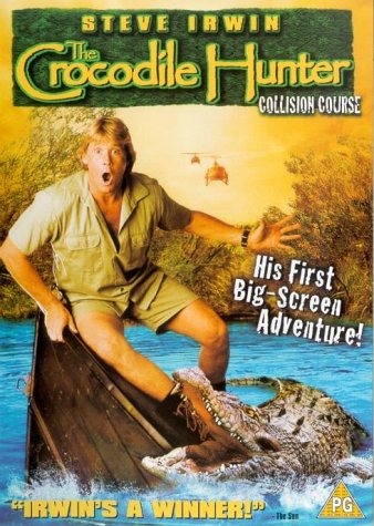 Steve Irwin on a boat with a crocodile, movie DVD cover.