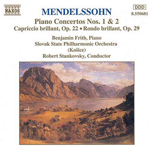 CD cover for Mendelssohn piano concertos with a mountain landscape.