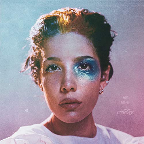 Halsey album cover, close-up portrait with blue and pink makeup.