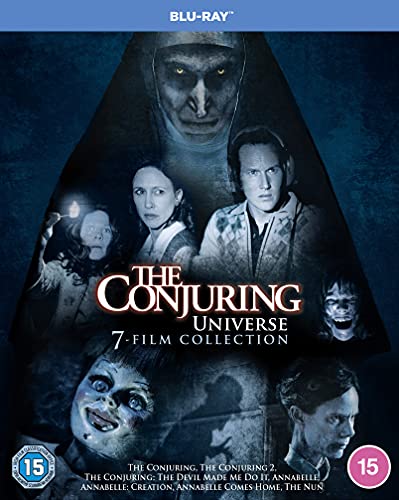 The Conjuring" 7-film Blu-ray collection cover featuring characters and eerie imagery.