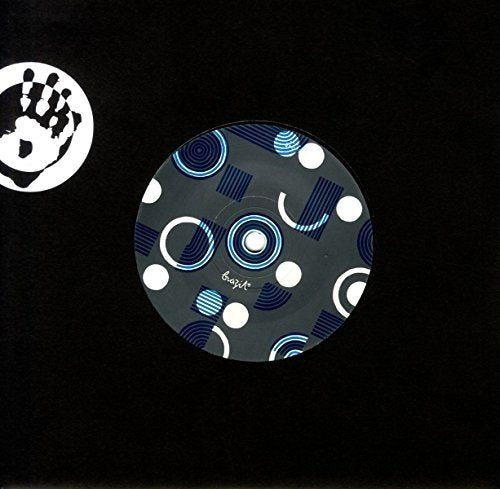 A vinyl record with a blue geometric pattern label on a black background.