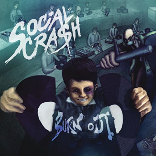 CD cover for Social Crash’s “Burn Out” featuring a boy and office scene.