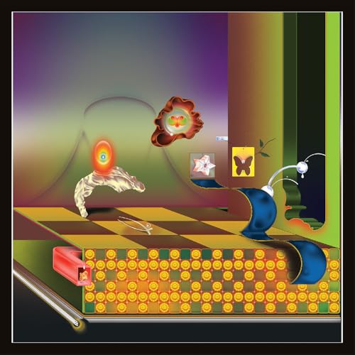 Surreal album cover with melting forms, checkered floor, and floating objects.