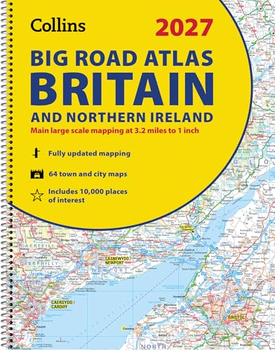 Spiral-bound Collins Big Road Atlas of Britain and Northern Ireland 2027 with yellow cover.