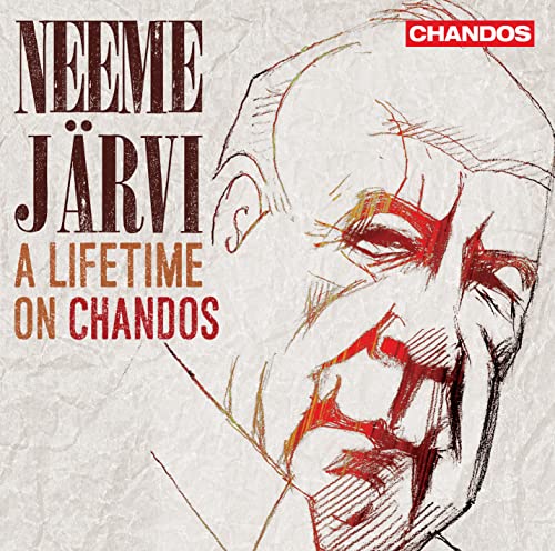 CD cover: Sketch of Neeme Järvi’s face with red accents.