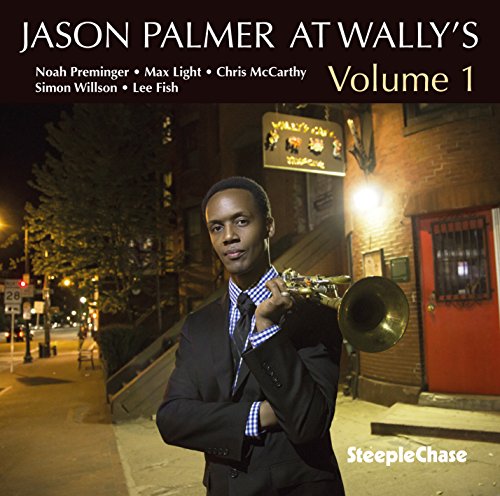Jason Palmer holding a trumpet in front of a jazz club.
