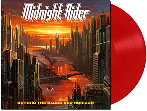 Vinyl record with cityscape album art and a bright red disc.