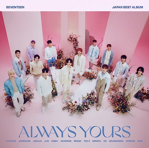 Seventeen’s thirteen members pose in pastel colors with floral arrangements.