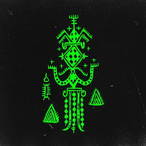 Green, abstract figure with geometric patterns on a black background.