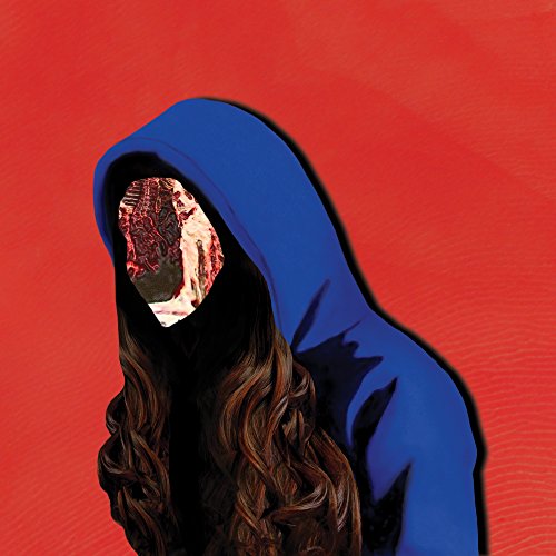 Hooded figure with distorted, fleshy face against a red background.