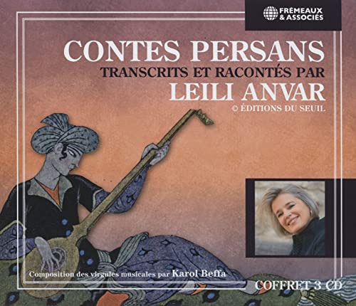 CD cover: Persian tales, illustrated musician, and portrait of Leili Anvar.