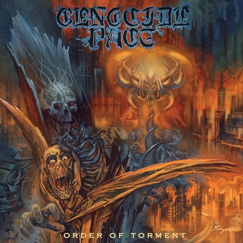 Dark album cover with demonic figures, skulls, and a fiery, ruined cityscape.