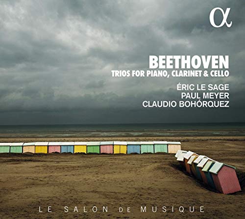 CD cover: stormy seascape with colorful beach huts, Beethoven trios.