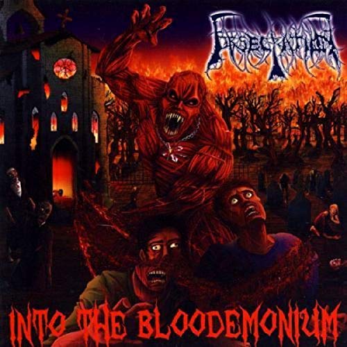 CD cover: demonic figure towering over people near a burning church.