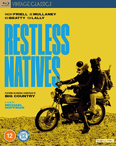 Restless Natives" Blu-ray cover featuring a motorcycle with two figures in animal masks.