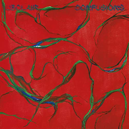 Red album cover with abstract green and blue painted swirls.
