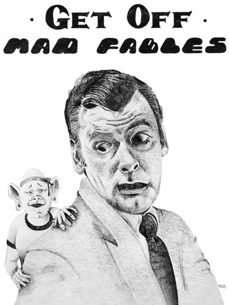 Black and white drawing of a man with a small, goblin-like figure.