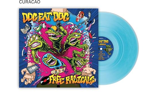 Dog Eat Dog “Free Radicals” Curacao vinyl record with cartoon dinosaurs.