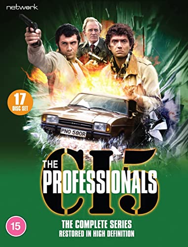 Blu-ray cover for "The Professionals" featuring three men, a car, and explosions.