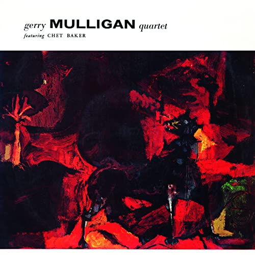 Album cover for Gerry Mulligan Quartet featuring Chet Baker, abstract red painting.