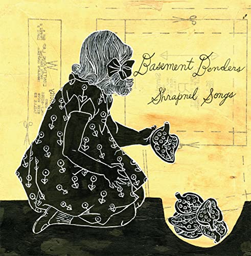 Vinyl record cover: girl kneeling with paper cutouts, yellow background.