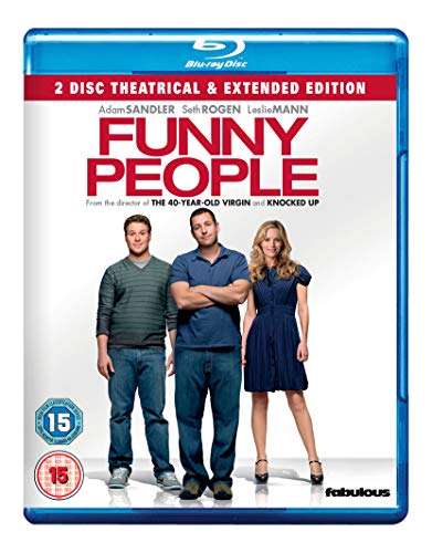 Funny People" Blu-ray cover with Adam Sandler, Seth Rogen, and Leslie Mann.