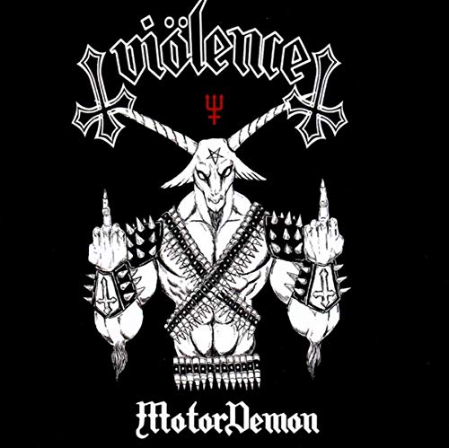 Black and white illustration of a horned demon giving the middle finger.