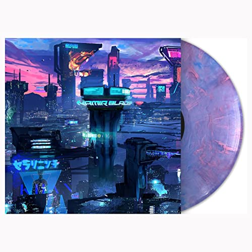 Neon pink vinyl record with futuristic cityscape album art.