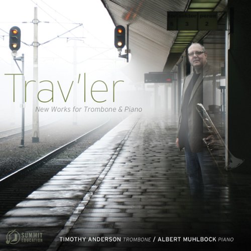 CD cover: man with trombone on a train platform, misty background.