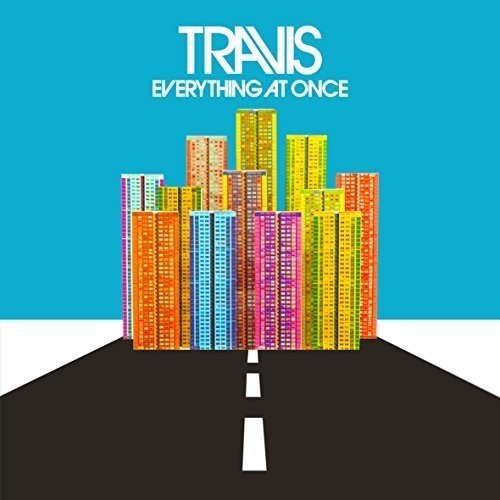 Album cover art featuring colorful skyscrapers against a blue sky above a black road.