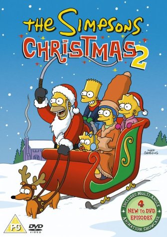 The Simpsons family dressed for Christmas riding a sleigh pulled by a reindeer.