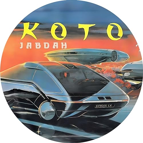 Record cover with futuristic silver vehicles against a sunset sky.