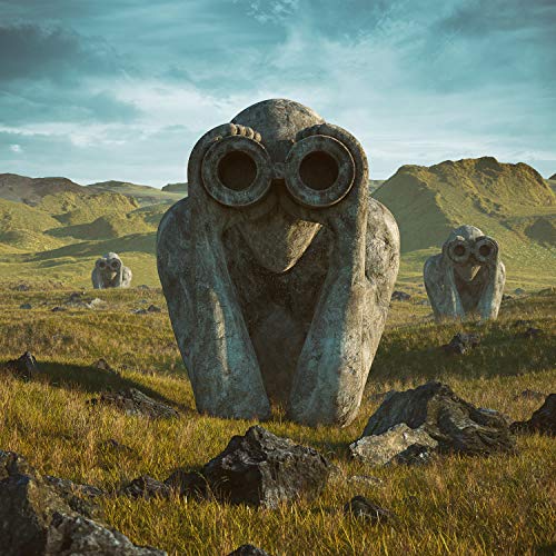 Stone figures with binoculars stand in a grassy, hilly landscape under a cloudy sky.