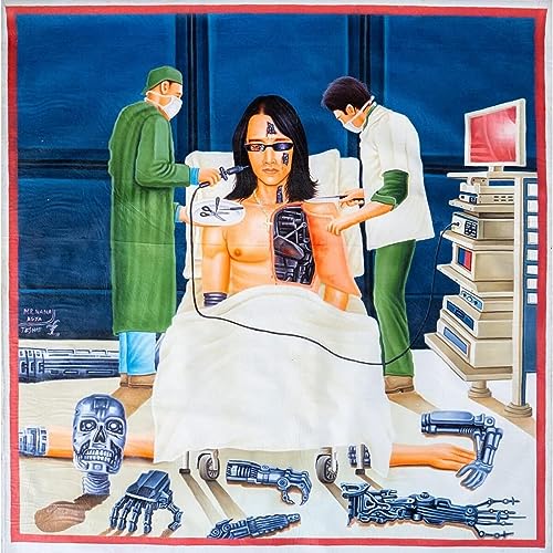 Surreal album cover depicting a person undergoing robotic surgery.