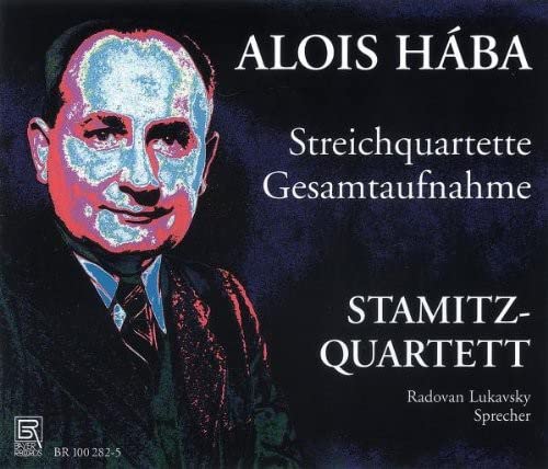 CD cover featuring a portrait of composer Alois Hába in blue tones.