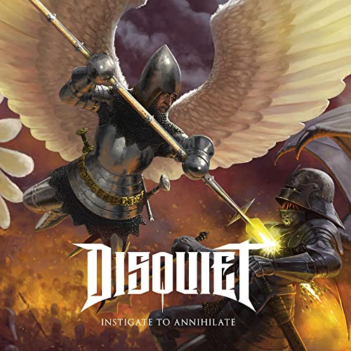 Fantasy album cover depicting armored figures with wings, and fiery conflict.