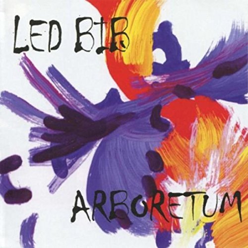 CD cover for Led Bib’s “Arboretum” with abstract purple, red, and yellow brushstrokes.