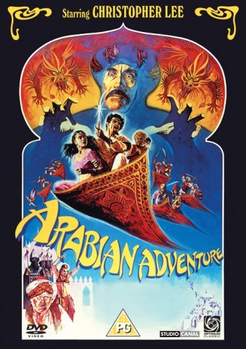 DVD cover art for Arabian Adventure featuring Christopher Lee and characters on a flying carpet.