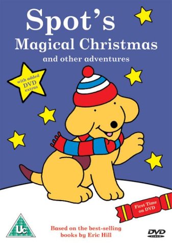DVD cover for "Spot's Magical Christmas" featuring a yellow puppy in winter clothes.
