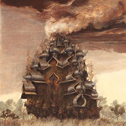 Painting of a dark, ornate building engulfed in smoke and fire.