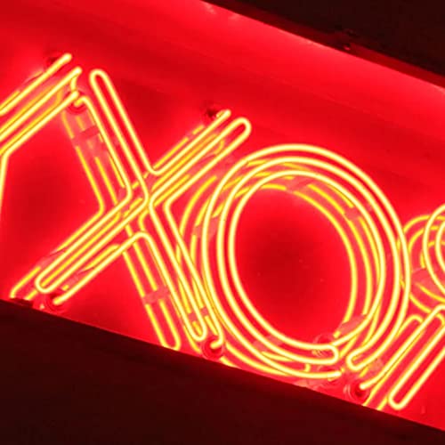 Red neon sign spelling "Xo" with glowing, curved lines and bright illumination.