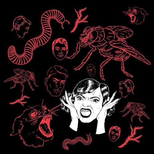 Red line art of faces, insects, and a screaming person on black.