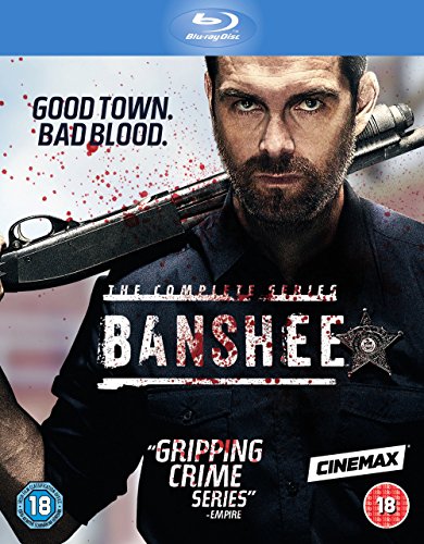 Blu-ray cover for "Banshee" featuring a man with a gun and sheriff's badge.